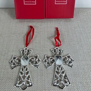Lenox Bejeweled Ornaments Silverplate Clear Stone Cross Set of 2 New In Box